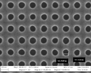 SEM-image of 70nm dot-array on Nickel-shim (SEM courtesy of Eulitha AG)